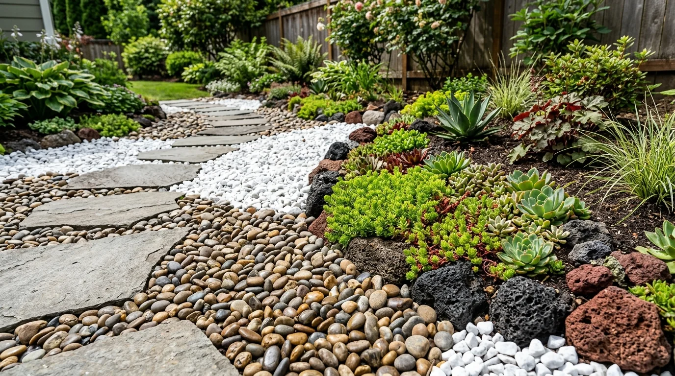 Diseño de jardín con cantos rodados, triturados y plantas ornamentales