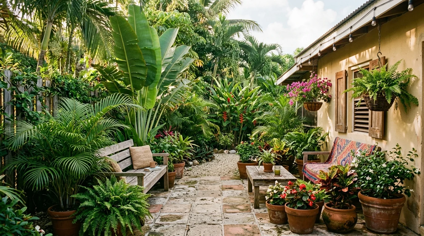 Jardín contemporáneo con cantos rodados, triturados y plantas ornamentales tropicales