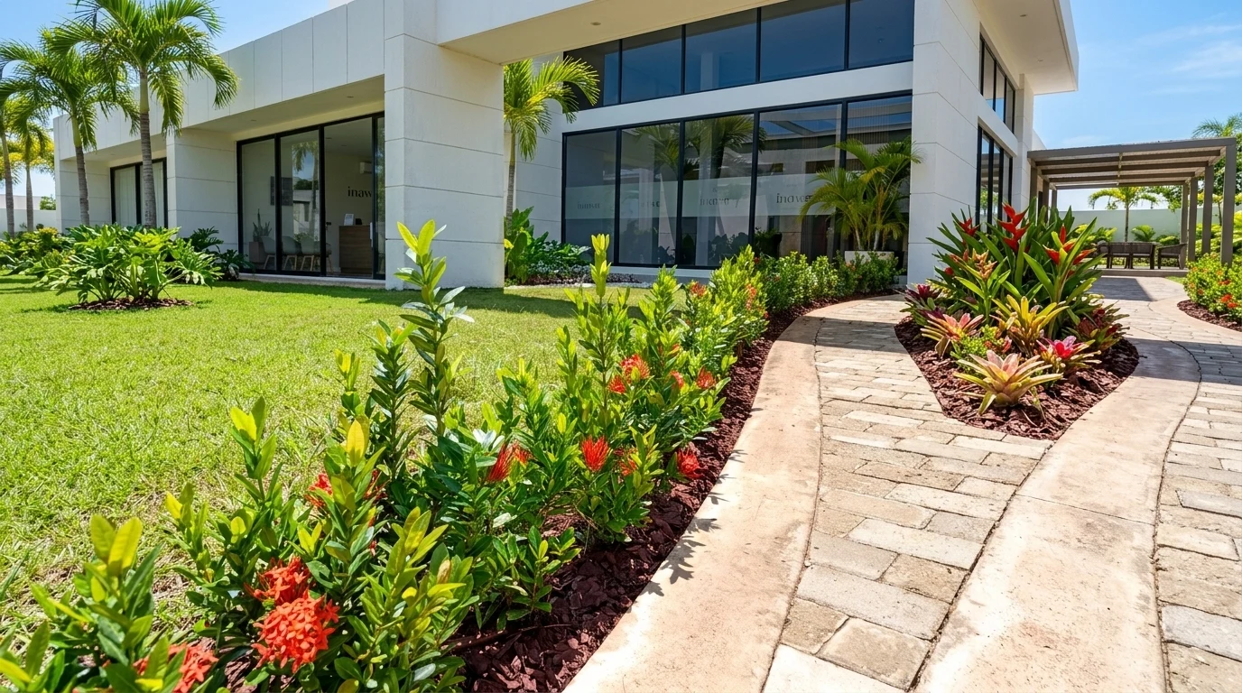 Jardines & Rocas — Paisajismo arquitectónico corporativo con senderos peatonales, borduras de Ixoras, palmas y zonas verdes en equilibrio