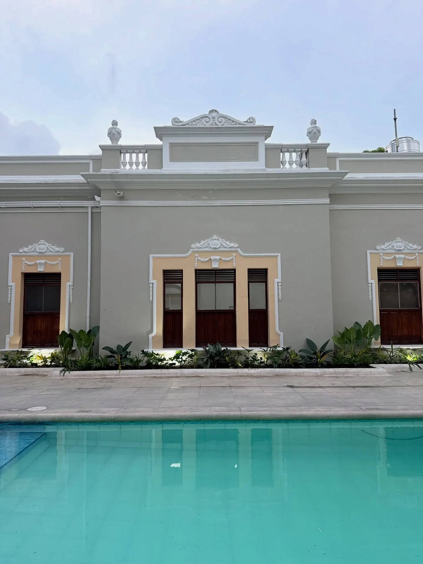 Jardinera perimetral con vegetación tropical junto al agua de la piscina