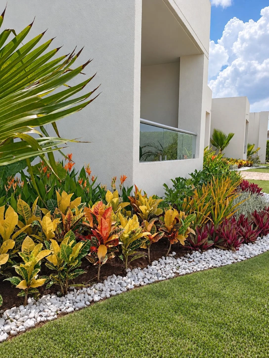 Jardín residencial tropical con heliconias, palmas y sendero en piedra — Barranquilla